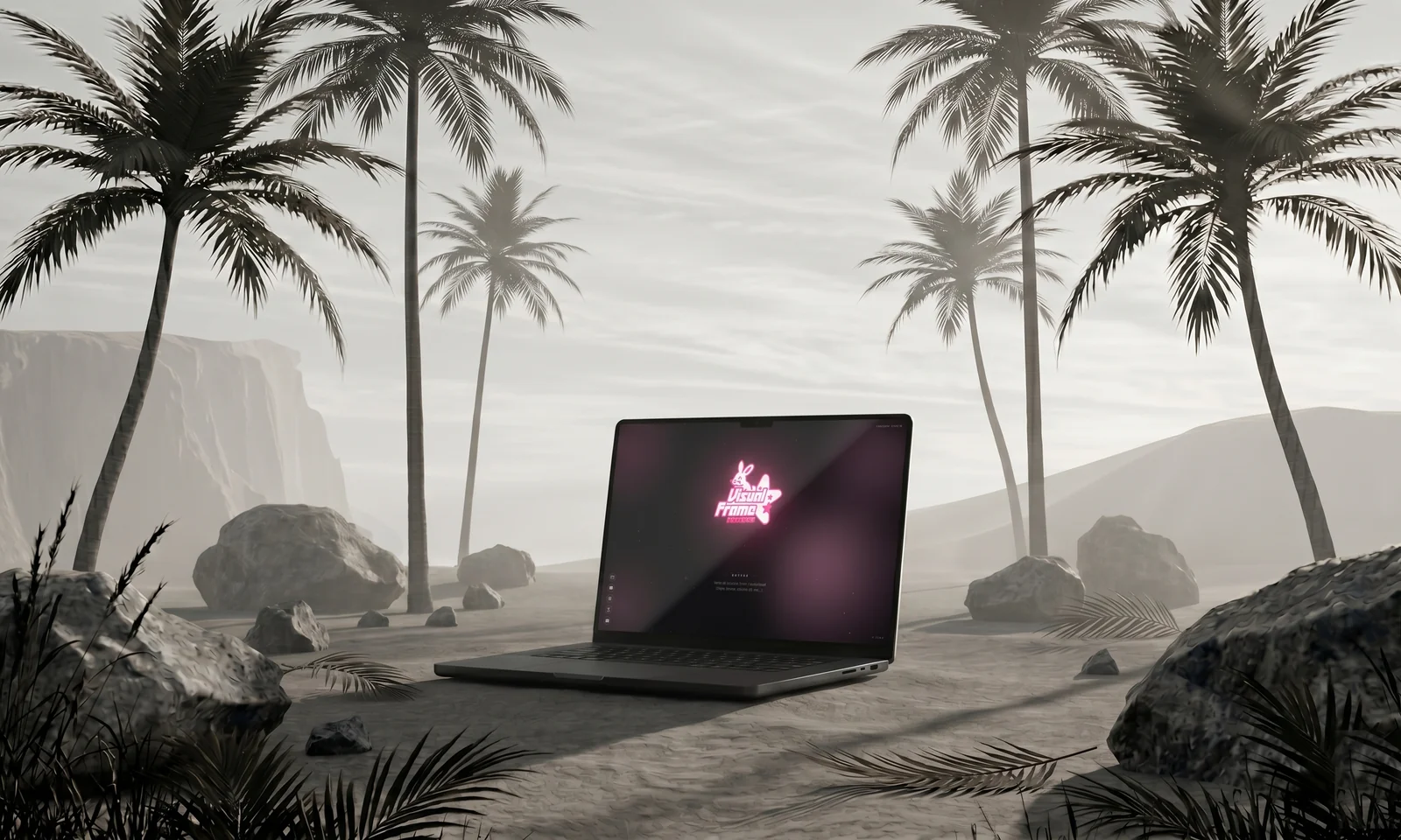 Portfolio Visual Frame Designer affiché sur MacBook, mise en scène dans un décor de plage avec palmiers